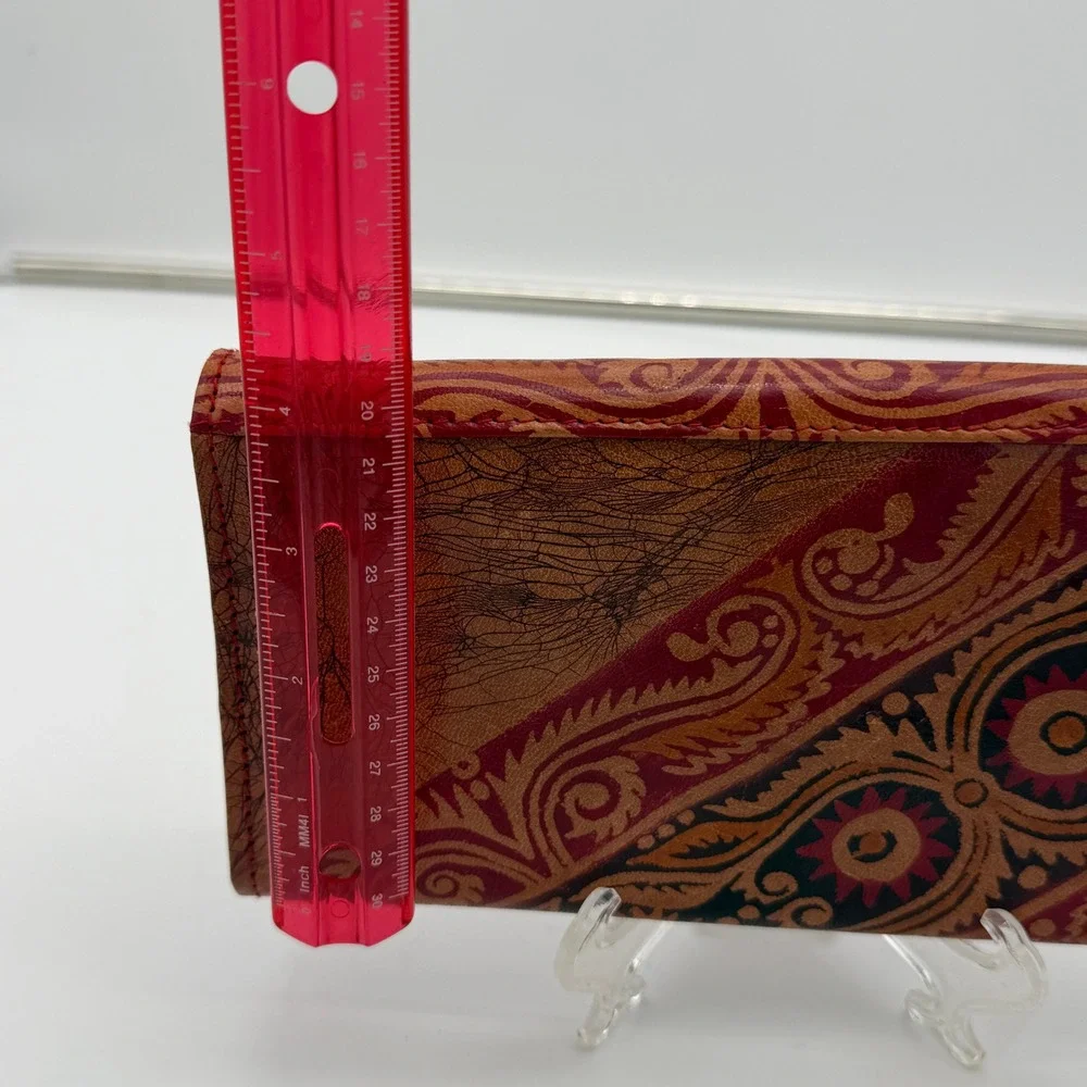 Vintage Hand Tooled Leather Paisley Mandala Clutch Wallet Boho Red Brown 8 Inch